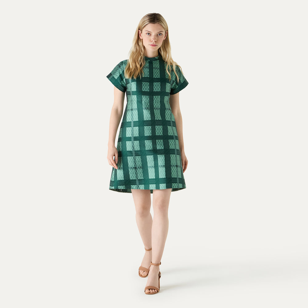 Geo Check A-line Dress - Olive Green
