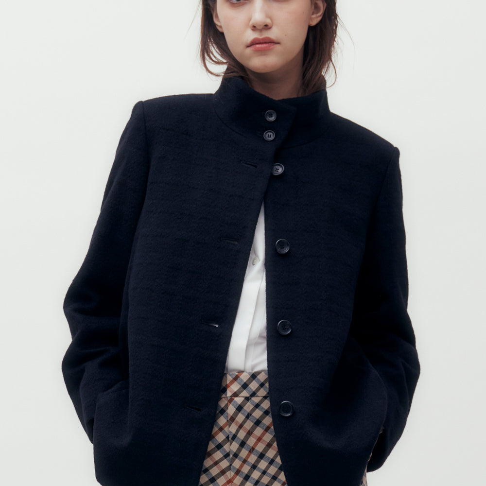 Stand Collar Check Tweed Jacket