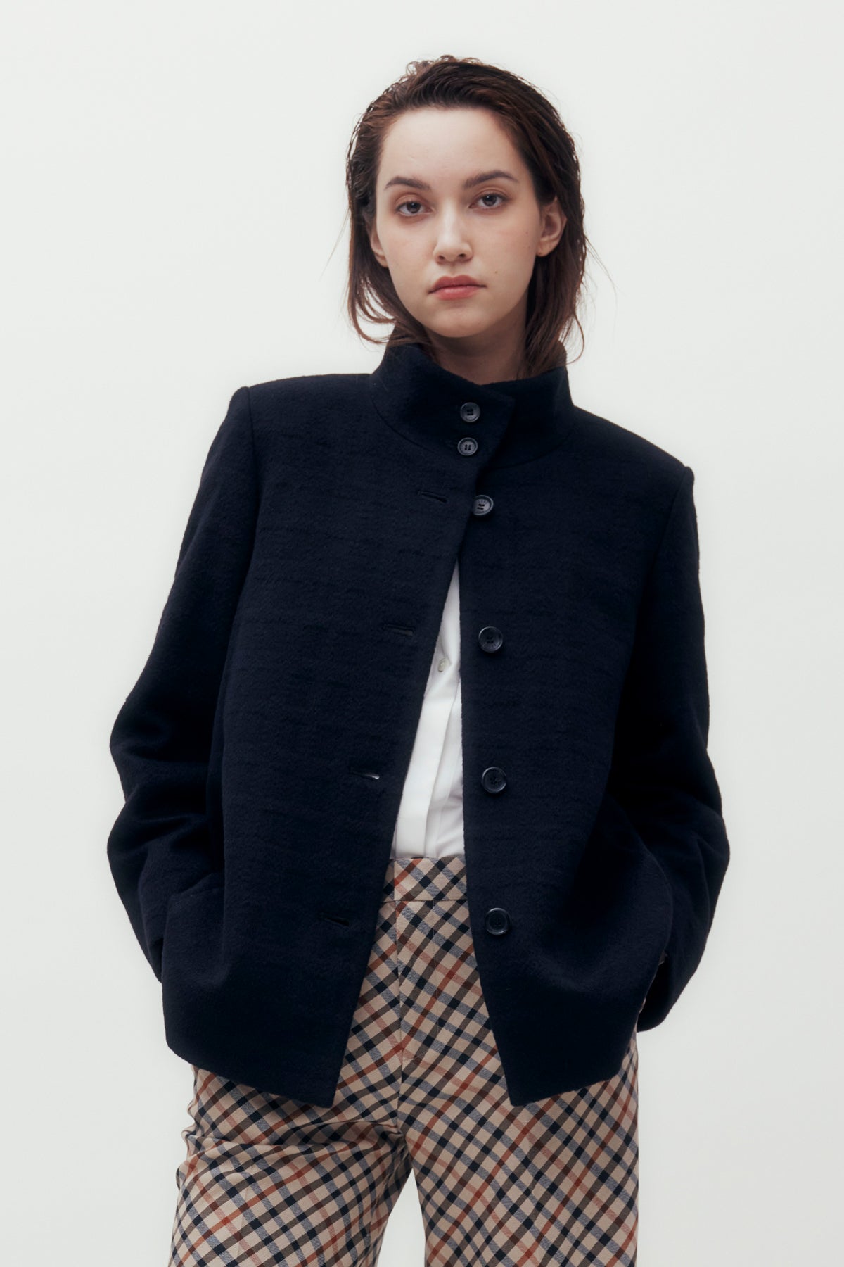 Stand Collar Check Tweed Jacket