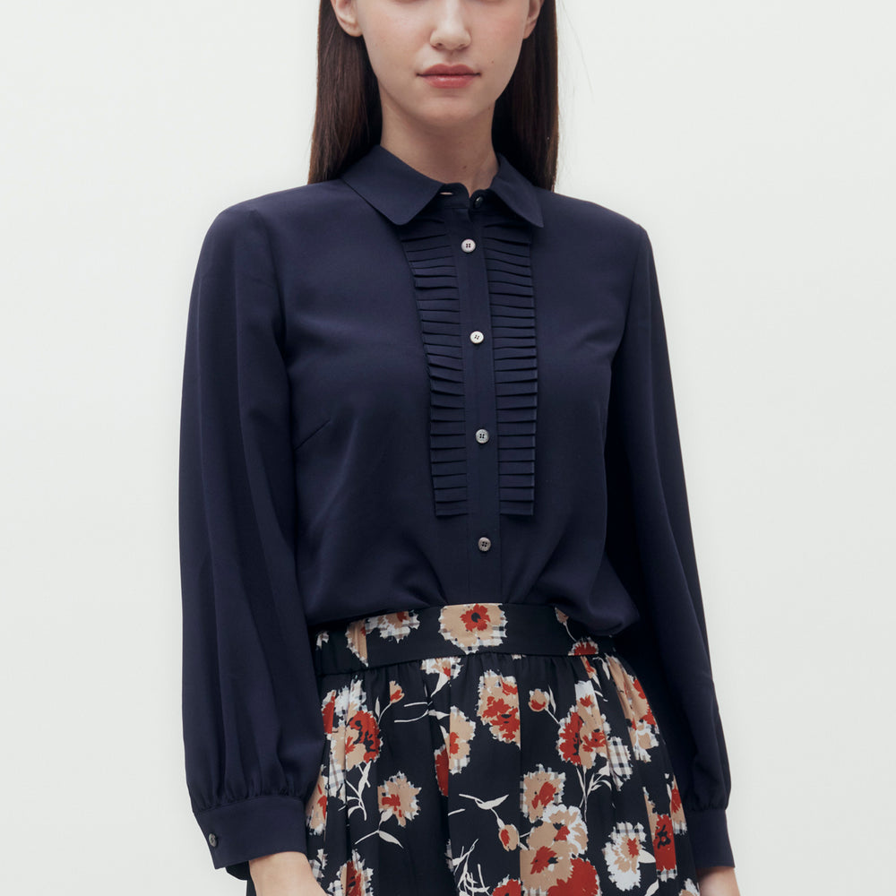 
                      
                        Pleats Ruffled Placket Blouse
                      
                    