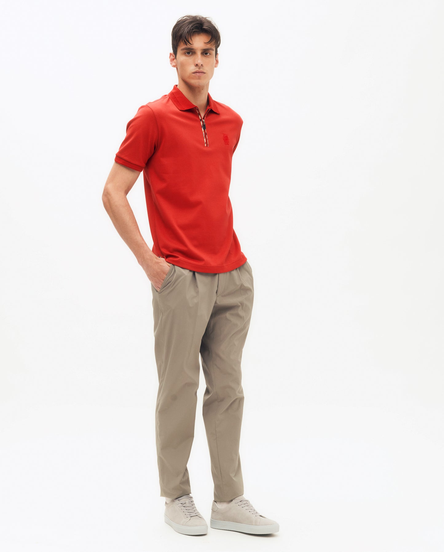 Check Piping Zip Polo Shirt DG M