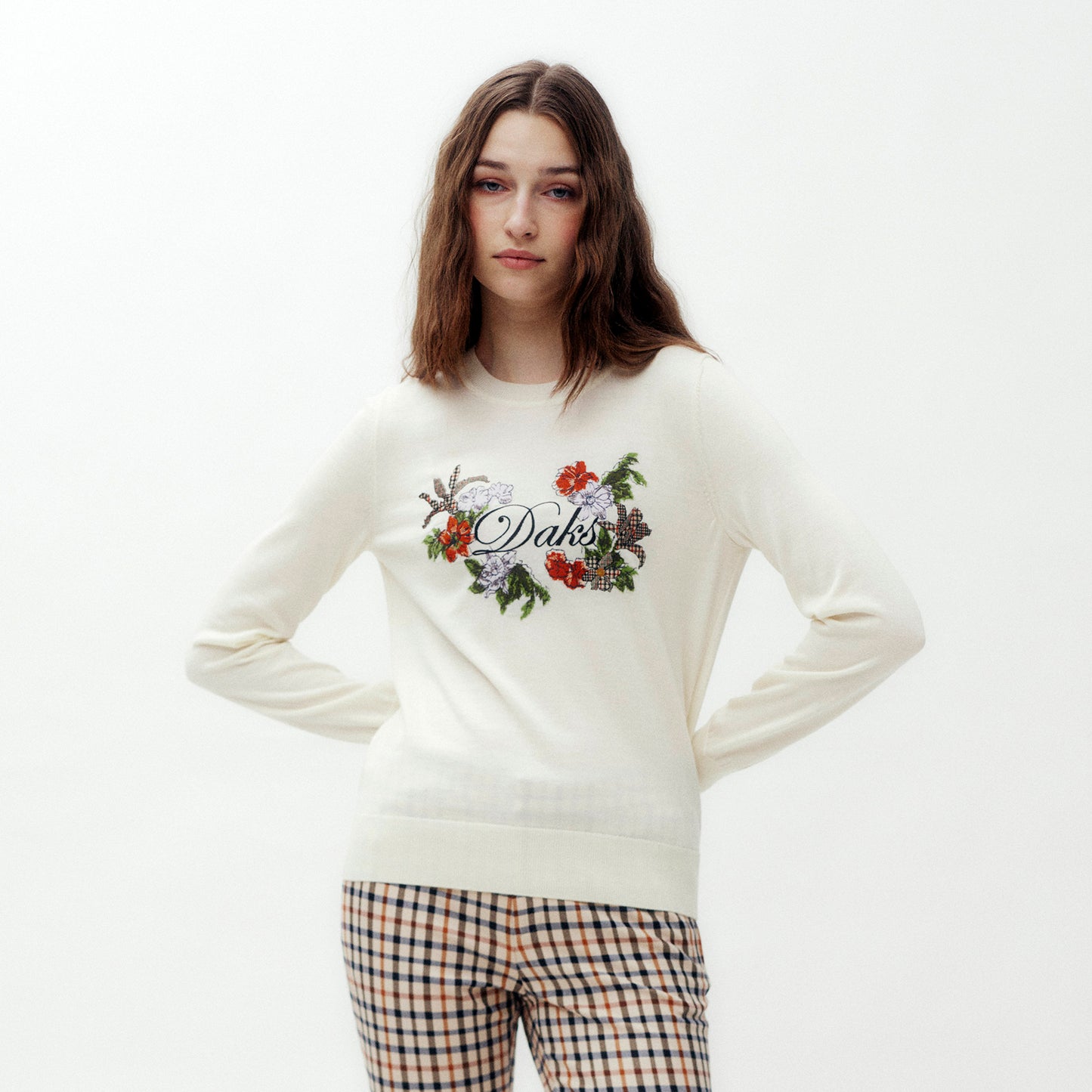 House Check Flower Print Sweater DG L