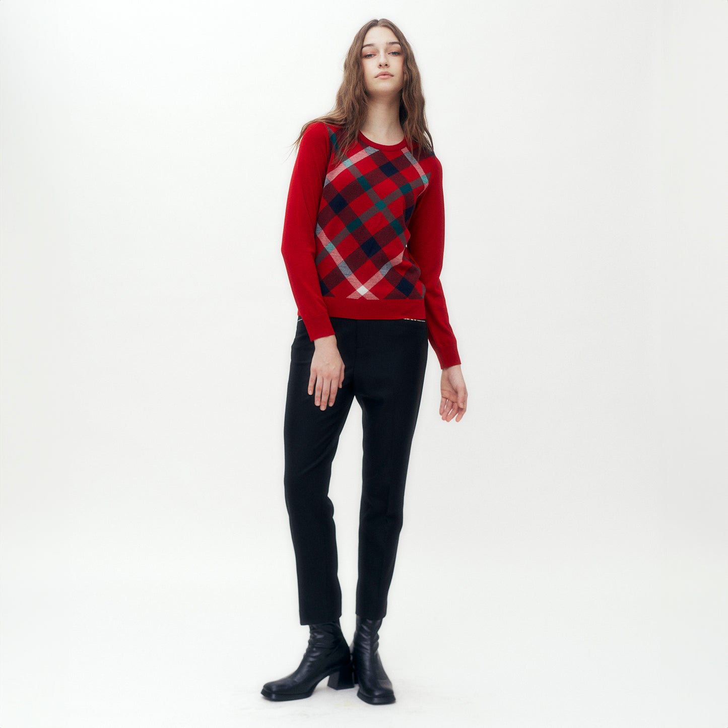 Bias Big Check Knit Sweater DG L