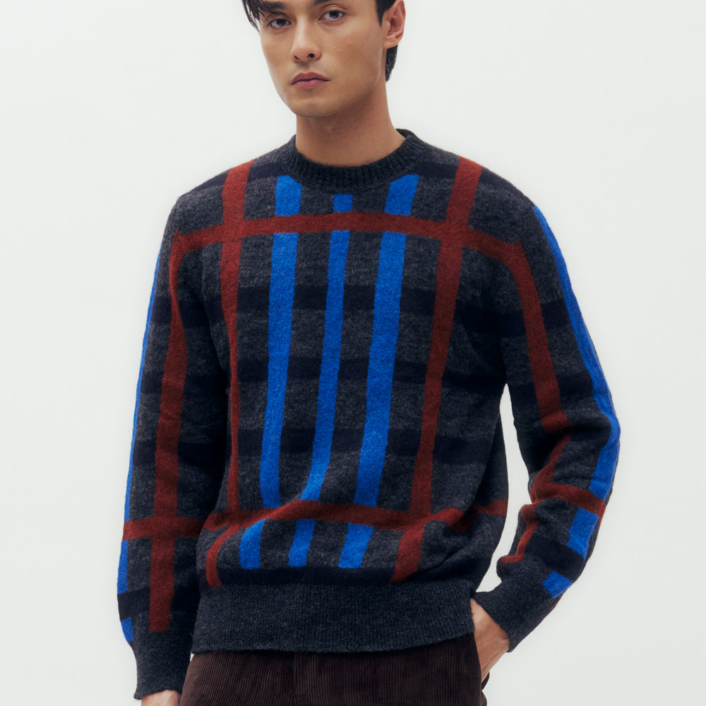 Exploded House Check Alpaca Crew Neck Knit