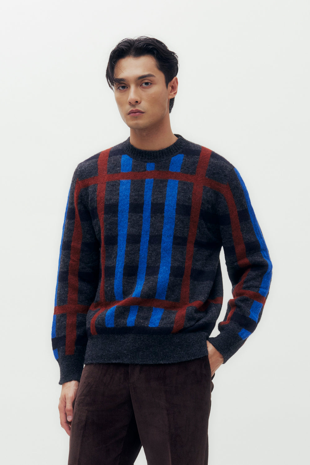 Exploded House Check Alpaca Crew Neck Knit